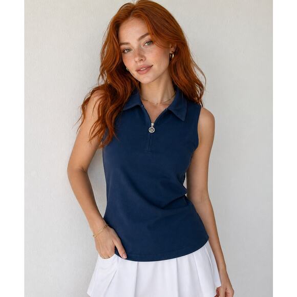 Tommy Hilfiger Tops - Tommy Hilfiger Navy Half-Zip Sleeveless Nautical Silver Accent Blouse NWT S